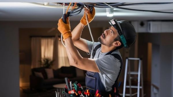 Residential electrician working on home wiring